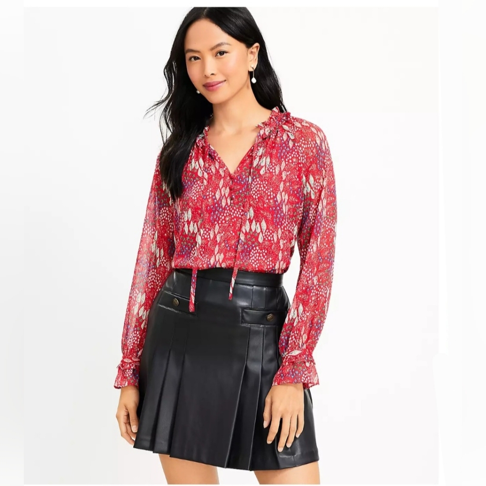 LOFT Garden Ruffle Tie Neck Blouse